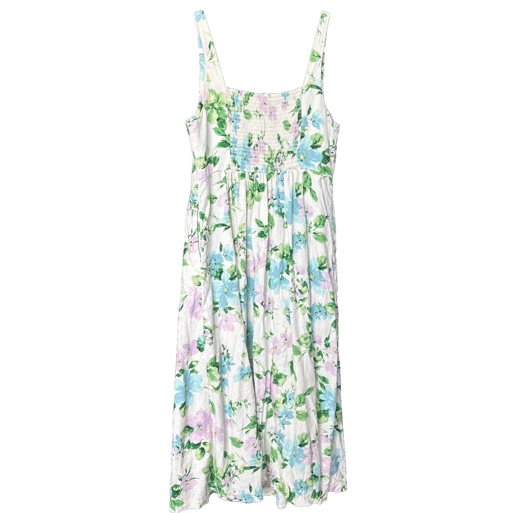 Old Navy Linen Blend Fit & Flare Floral Midi Dress Size M Cottagecore Pockets - Picture 2 of 11